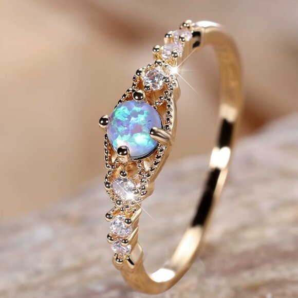 NEW 14k Gold Blue Fire Opal Ring Dainty Gold Diamond Ring Band - Picture 4 of 5